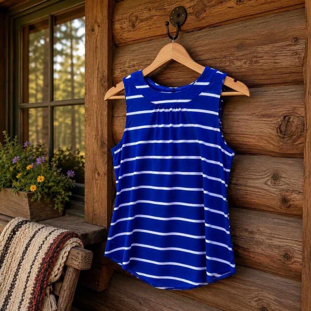 Van Heusen Women's Large Blue White Striped Sleeveless  Blouse Top